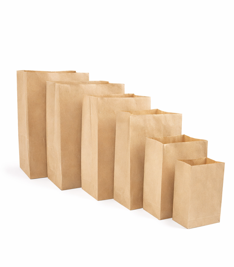 Brown kraft paper bags in multiple sizes for retail and food packaging Kraft paper bag size dimensions chart